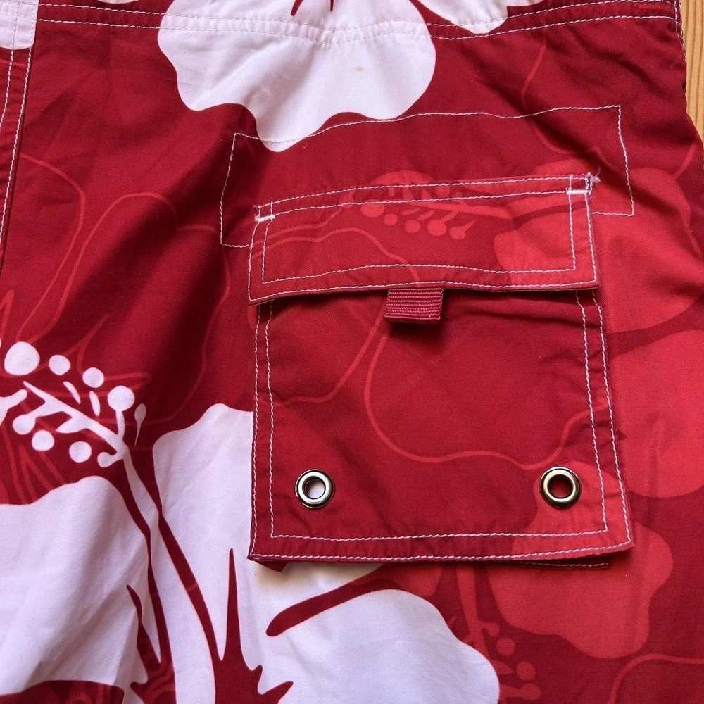 VTG Brents Surf Wear Swim Cargo Board Shorts Mens XL Lined Red Hawaiian Beach